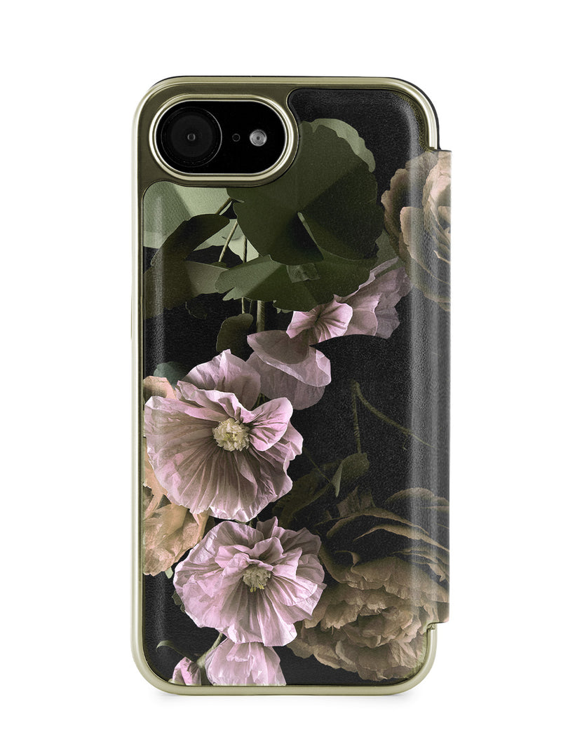 Ted Baker Black Paper Flowers Mirror Folio Phone Case for iPhone 16e Gold Shell