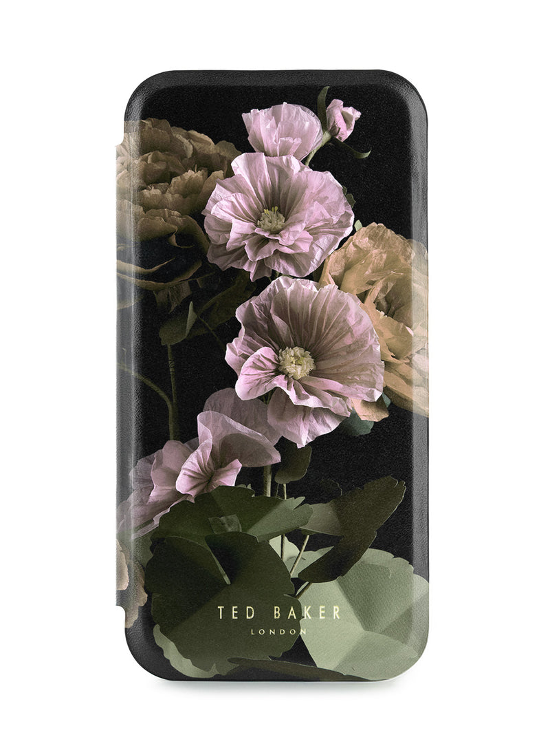 Ted Baker Black Paper Flowers Mirror Folio Phone Case for iPhone 16e Gold Shell