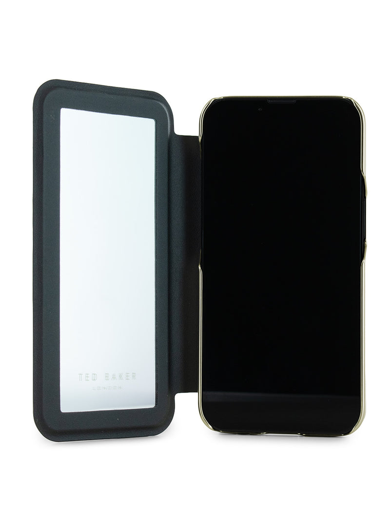 Ted Baker Black Paper Flowers Mirror Folio Phone Case for iPhone 16e Gold Shell