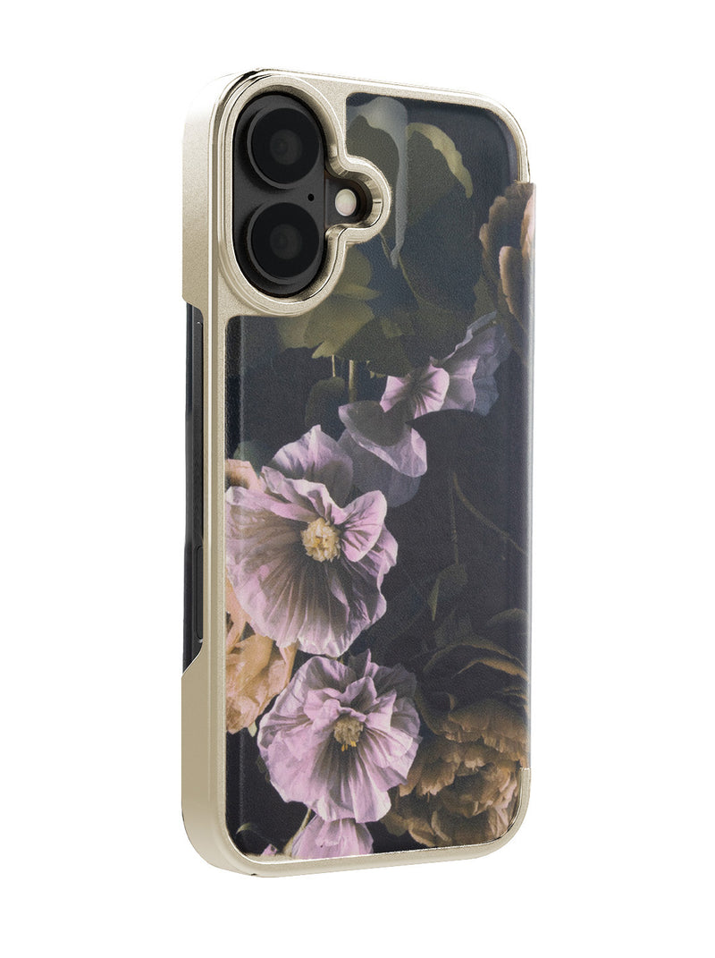 Ted Baker Black Paper Flowers Mirror Folio Phone Case for iPhone 17 Gold Shell