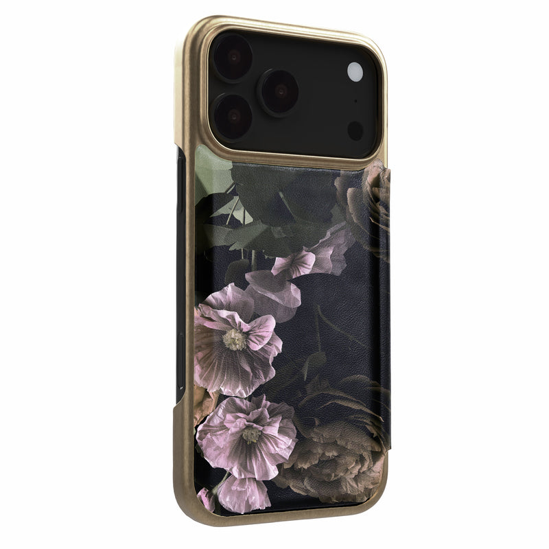 Ted Baker Black Paper Flowers Mirror Folio Phone Case for iPhone 17 Pro Max Gold Shell
