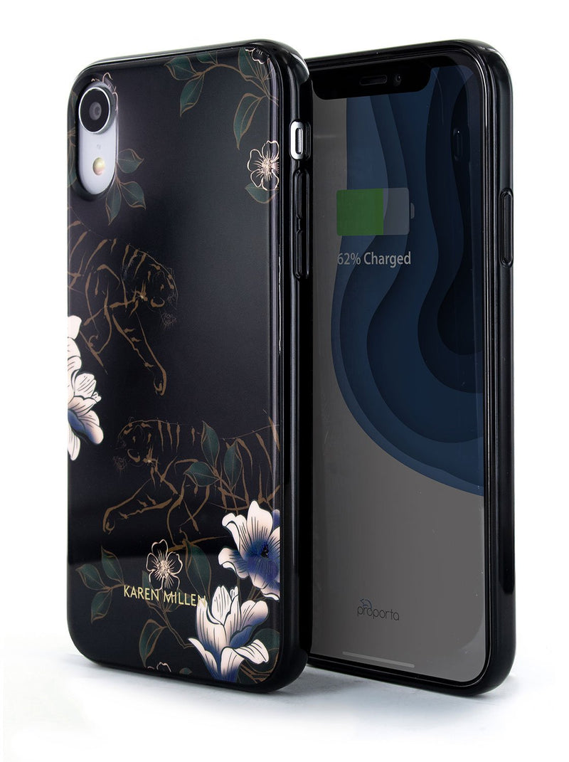 Front and back image of the Karen Millen Apple iPhone XR phone case in Black