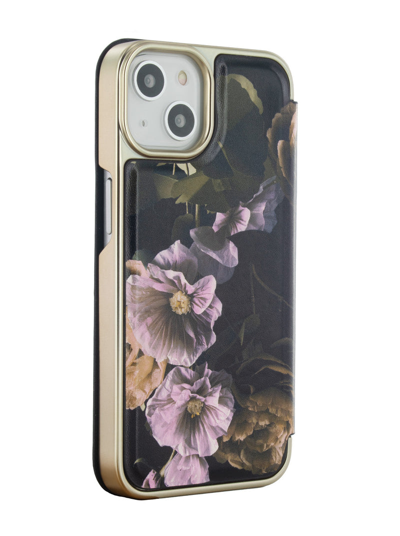 Ted Baker GLADDEE Black Paper Flowers Mirror Folio Phone Case for iPhone 15 Gold Shell