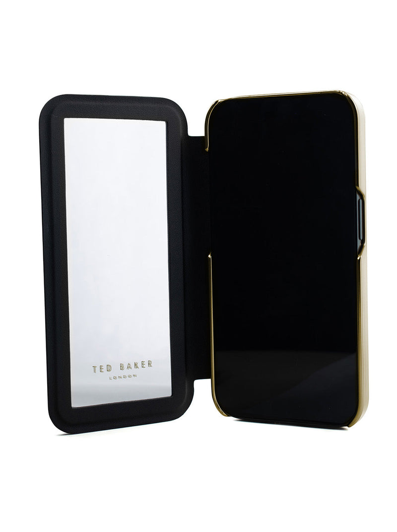 Ted Baker Black Paper Flowers Mirror Folio Phone Case for iPhone 15 Pro Max Gold Shell