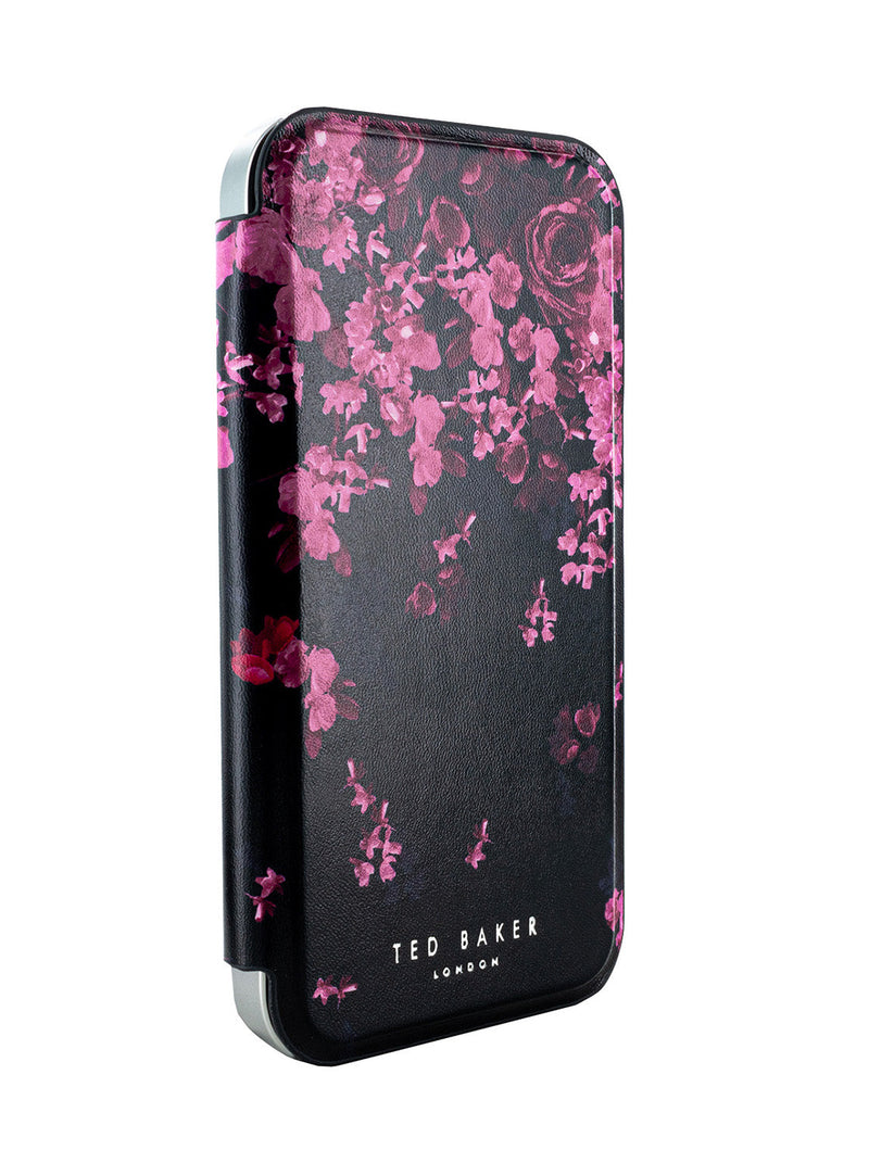 Ted Baker Black Flower Border Mirror Folio Phone Case for iPhone 15 Silver Shell