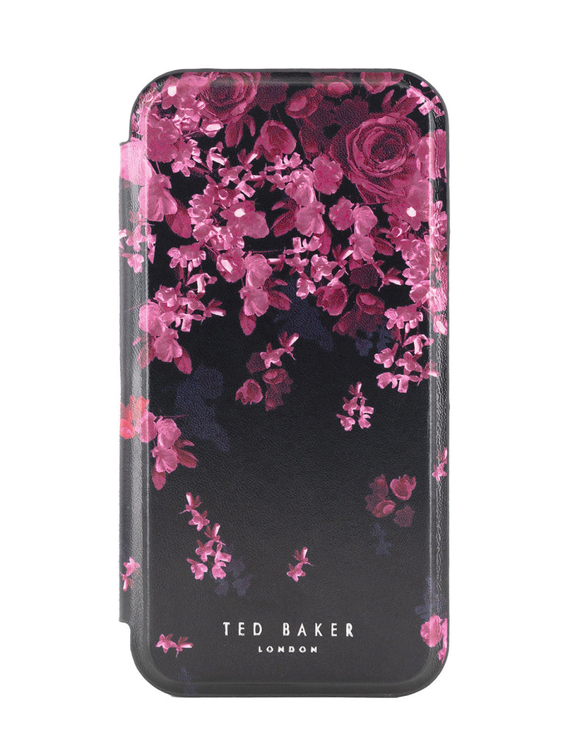 Ted Baker Black Flower Border Mirror Folio Phone Case for iPhone 15 Silver Shell