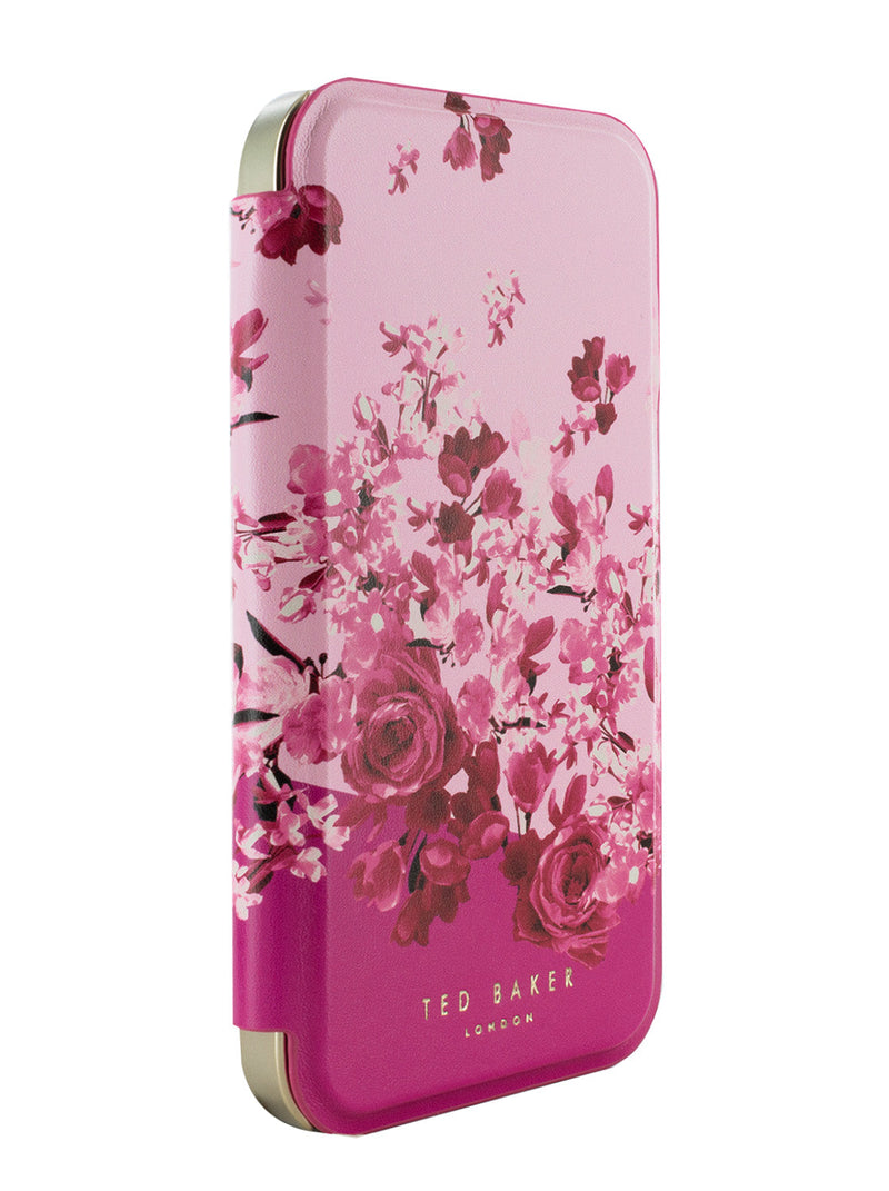 Ted Baker Pink Scattered Flowers Mirror Folio Phone Case for iPhone 15 Plus Gold Shell