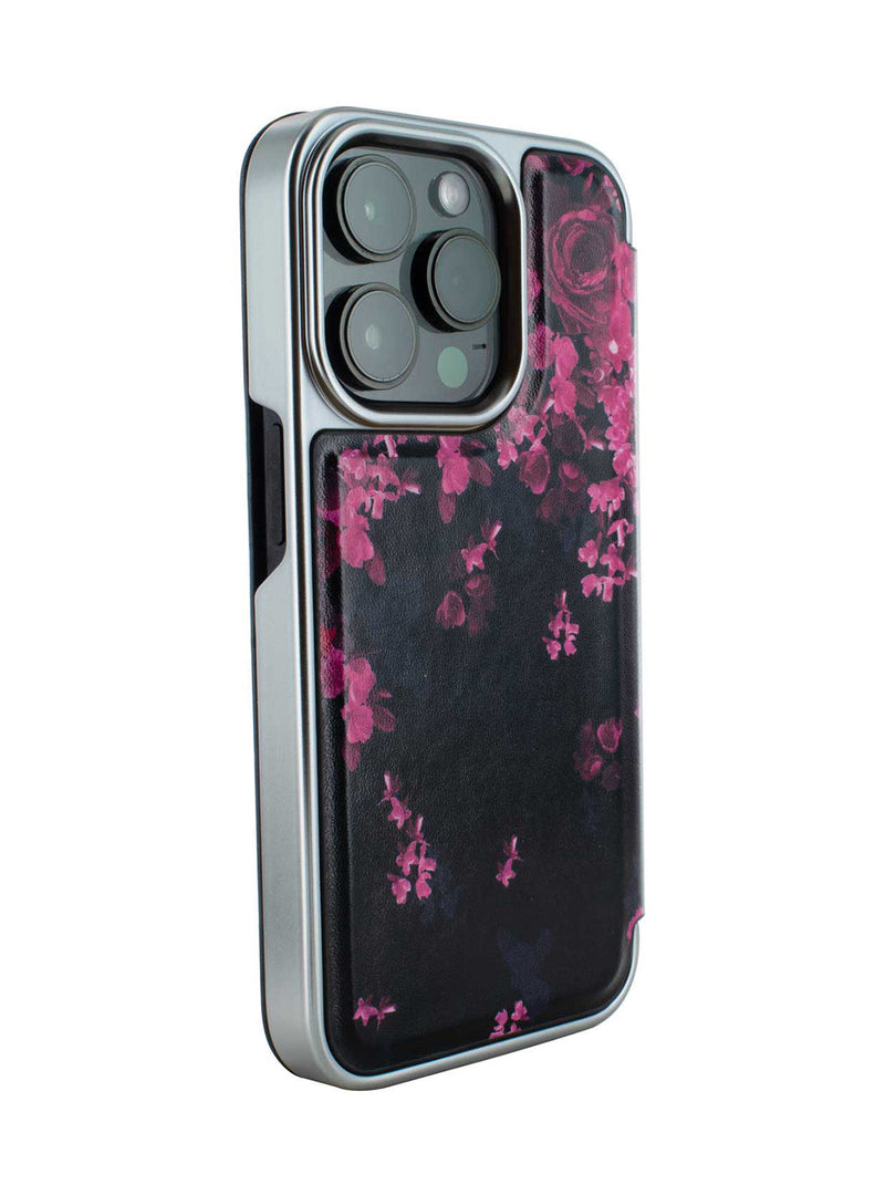 Ted Baker Black Flower Border Mirror Folio Phone Case for iPhone 15 Pro Silver Shell
