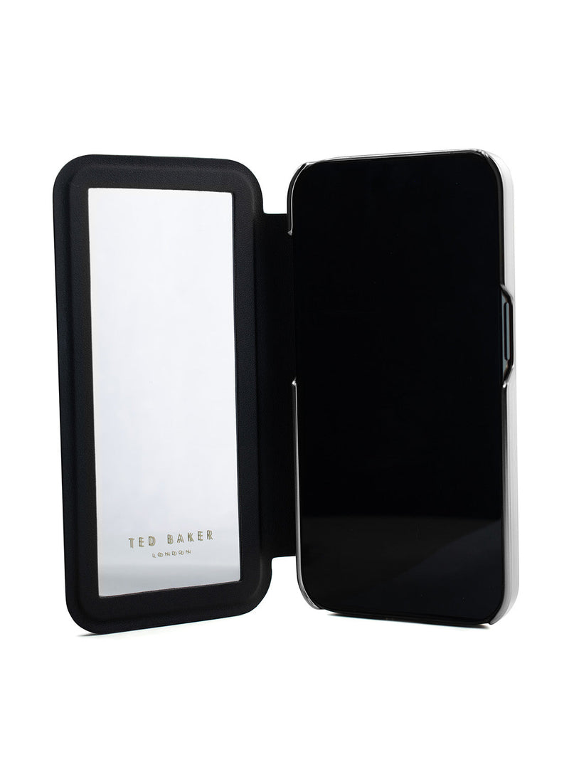 Ted Baker Black Flower Border Mirror Folio Phone Case for iPhone 15 Pro Silver Shell
