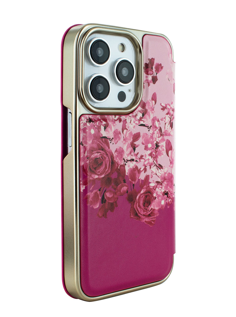 Ted Baker Pink Scattered Flowers Mirror Folio Phone Case for iPhone 15 Pro Gold Shell