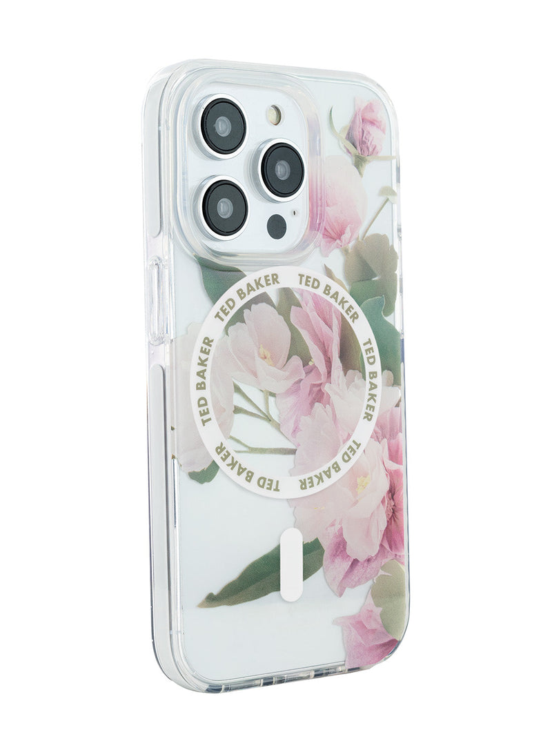 Ted Baker Clear Flower Placement Antishock Phone Case for iPhone 15 Pro Cream Bumper with MagSafe