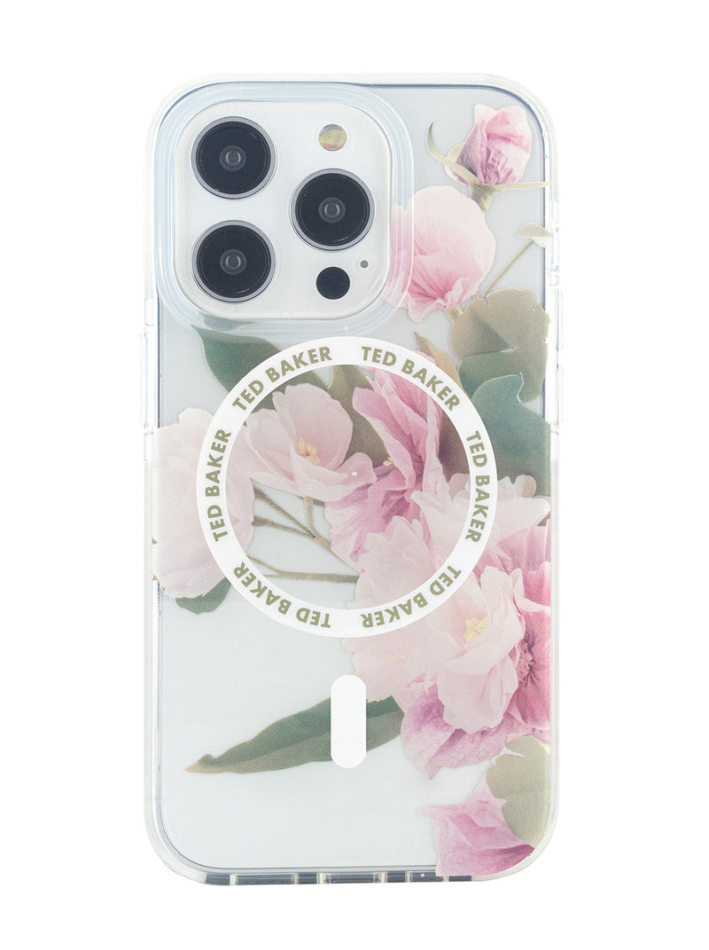 Ted Baker Clear Flower Placement Antishock Phone Case for iPhone 15 Pro Max Cream Bumper with MagSafe