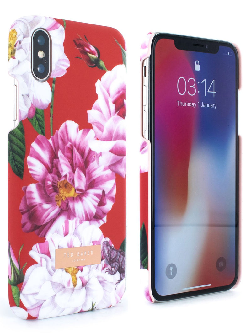 Front and back image of the Ted Baker Apple iPhone XS / X phone case in Iguazu Red