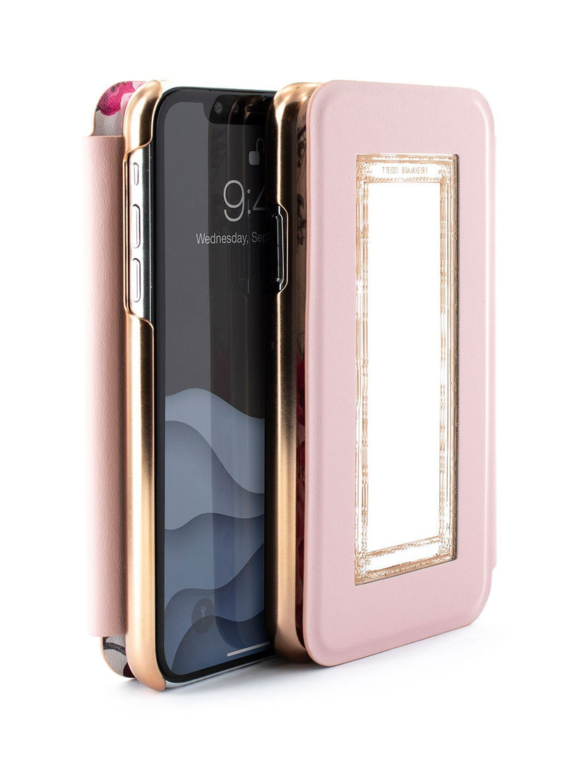 Flip-back front and back image of the Ted Baker Apple iPhone XS / X phone case in Babylon Nickel