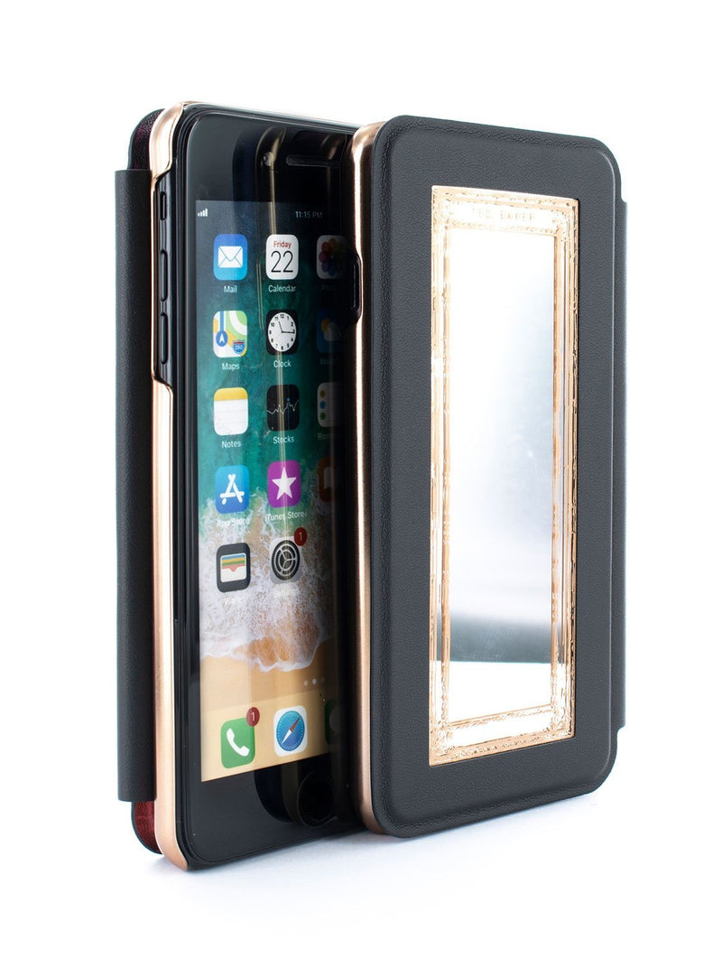 Flip-back front and back image of the Ted Baker Apple iPhone 8 Plus / 7 Plus phone case in Black