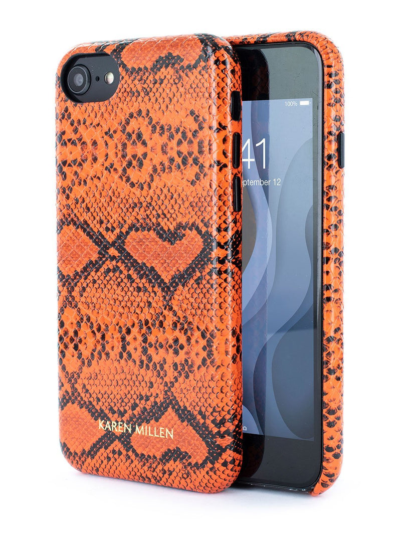 Front and back image of the Karen Millen Apple iPhone 8 / 7 / 6S phone case in Orange