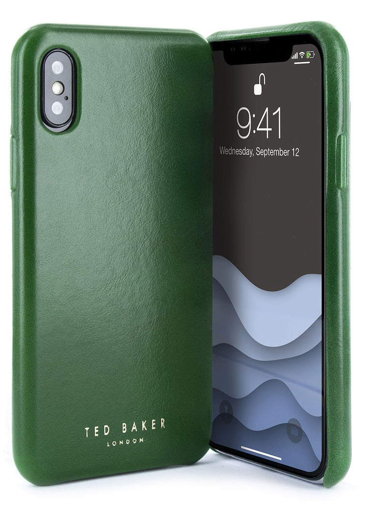 Front and back image of the Ted Baker Apple iPhone XS / X phone case in Dark Green