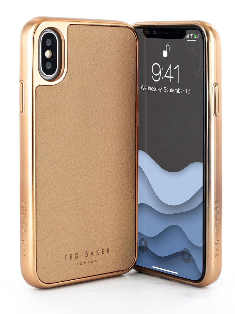 Front and back image of the Ted Baker Apple iPhone XS / X phone case in Taupe