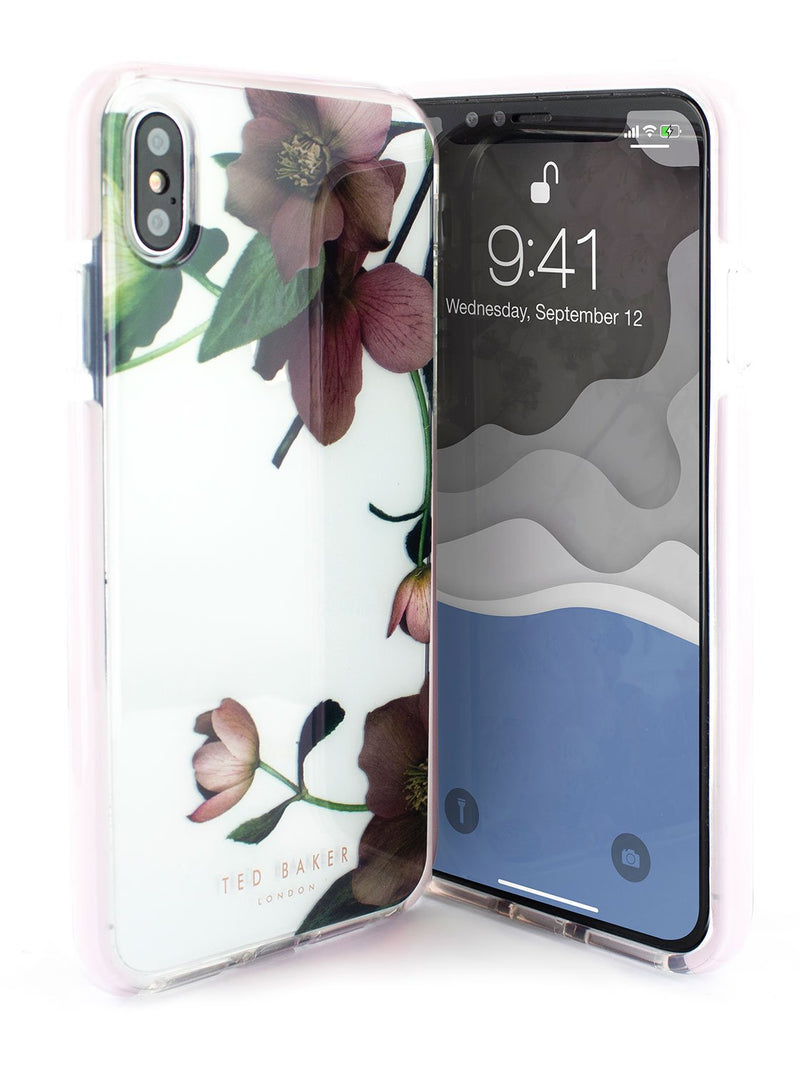Front and back image of the Ted Baker Apple iPhone XS Max phone case in Clear Print