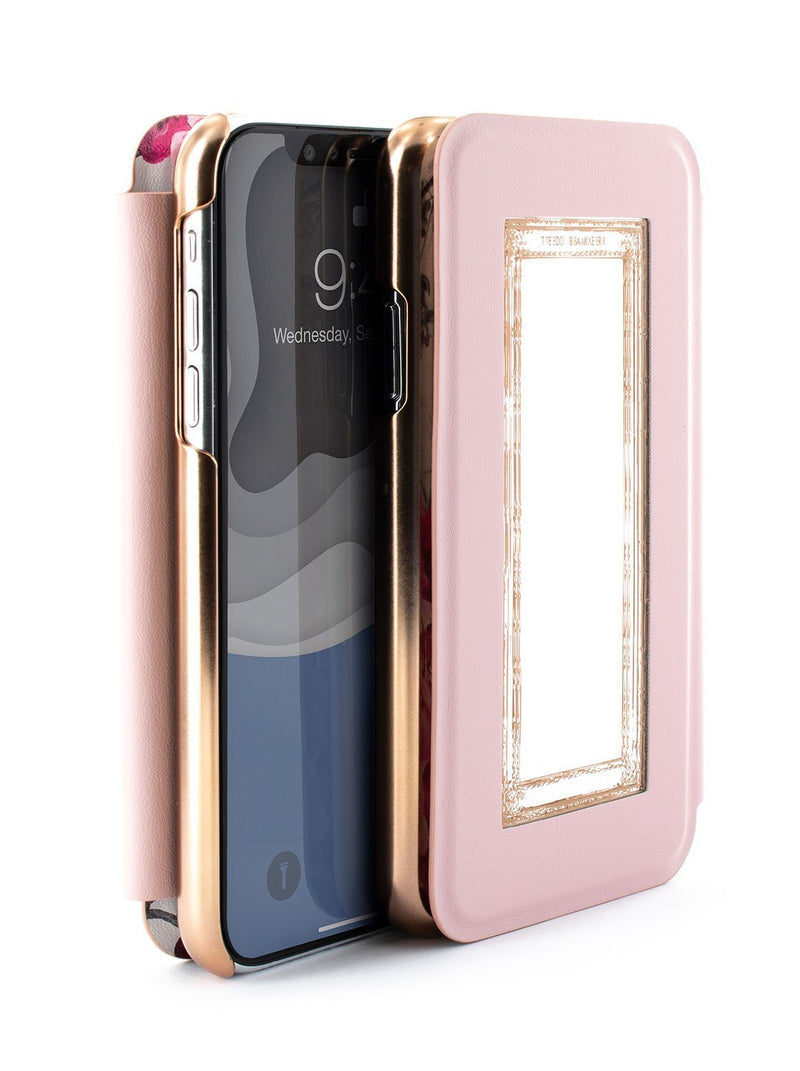 Flip-back front and back image of the Ted Baker Apple iPhone XS Max phone case in Babylon Nickel