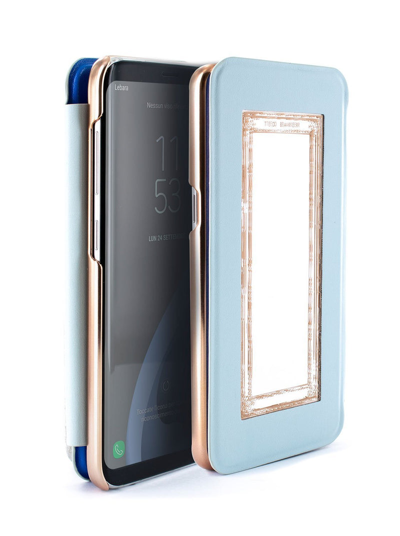 Flip-back front and back image of the Ted Baker Samsung Galaxy S8 phone case in Blue